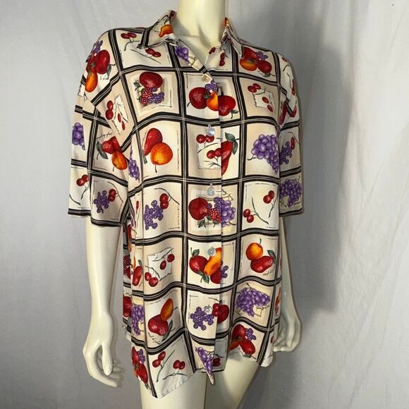 Vintage 90s Kathie Lee Fruit Print Button Down Blouse Women’s Size 14 – Grapes C - Picture 1 of 12